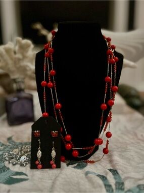 Brand New! Red Crystal and Beaded Necklace w/ Bonus 3 Earring Set